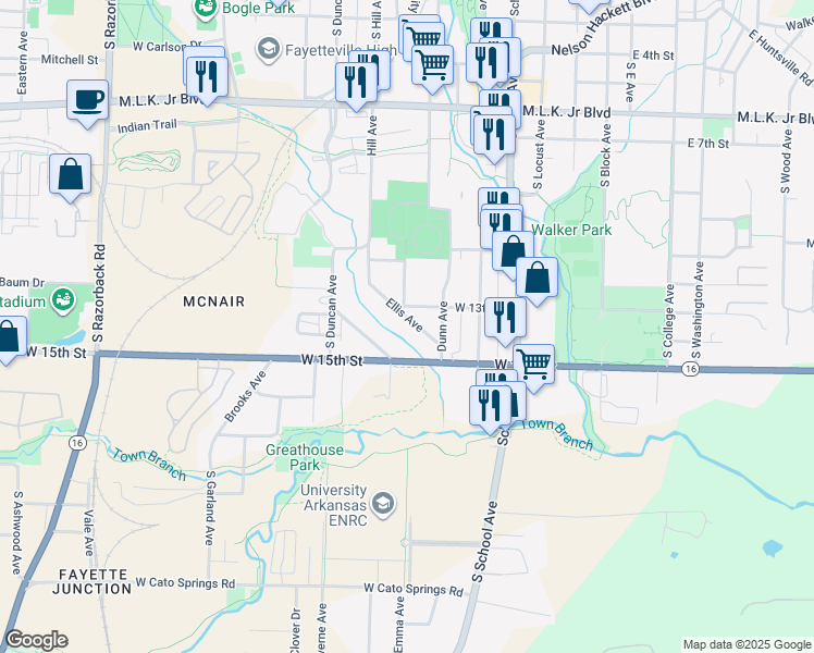 map of restaurants, bars, coffee shops, grocery stores, and more near 1327 Ellis Avenue in Fayetteville