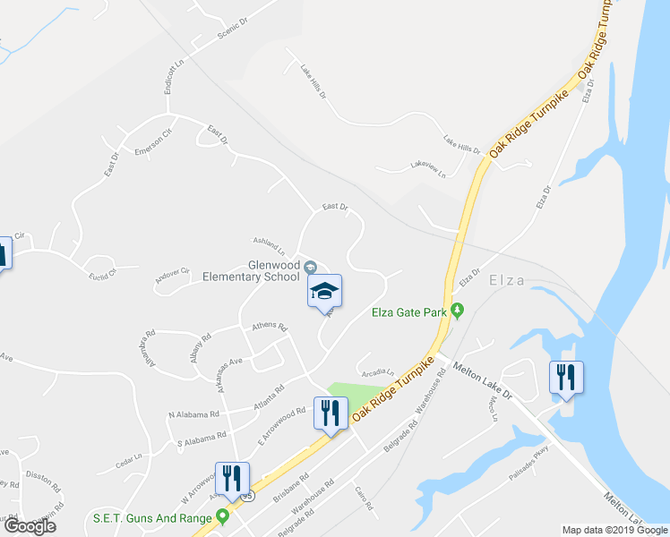 map of restaurants, bars, coffee shops, grocery stores, and more near 126 Audubon Road in Oak Ridge