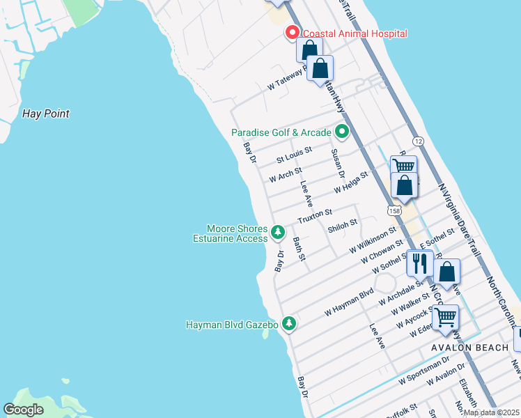 map of restaurants, bars, coffee shops, grocery stores, and more near 3202 Bay Drive in Kill Devil Hills