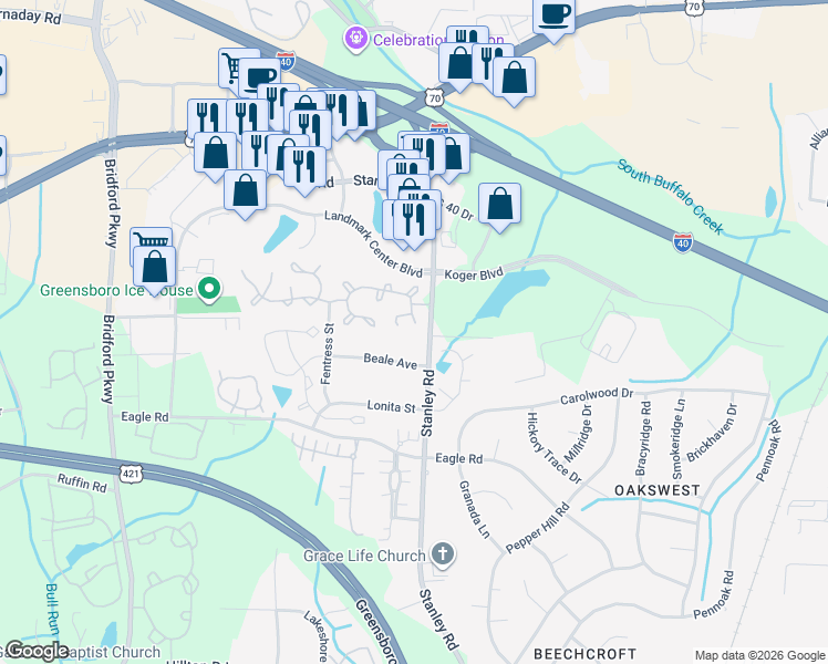 map of restaurants, bars, coffee shops, grocery stores, and more near 30 Pickwick Place in Greensboro