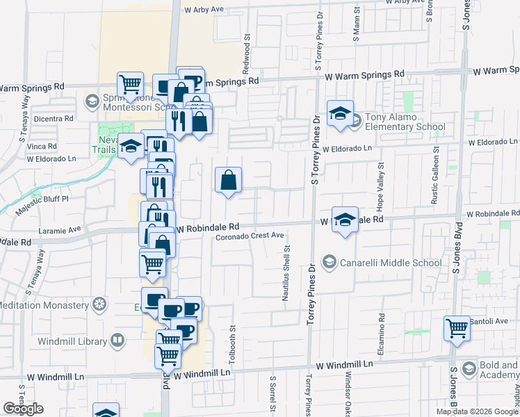 map of restaurants, bars, coffee shops, grocery stores, and more near 6648 Coronado Palms Avenue in Las Vegas