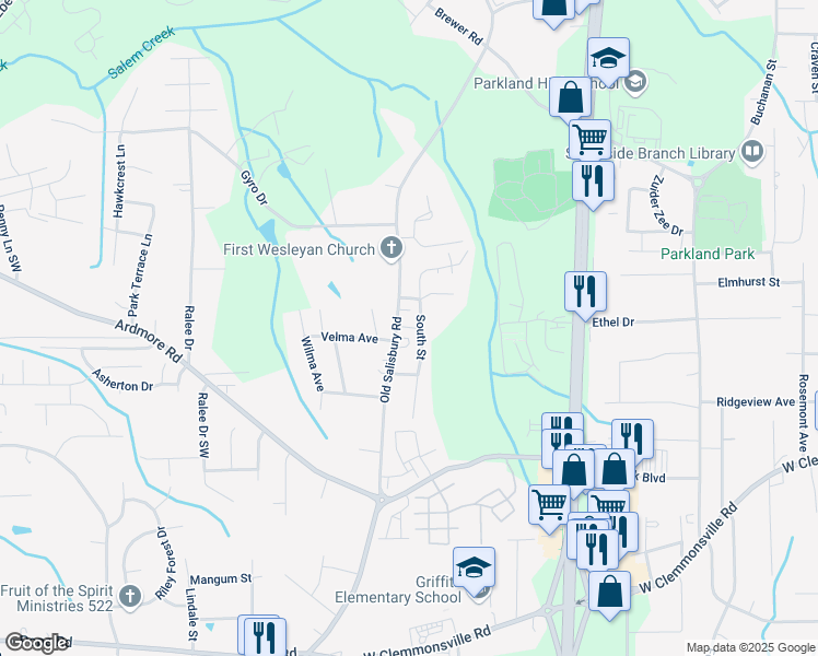 map of restaurants, bars, coffee shops, grocery stores, and more near 1730 Old Salisbury Road in Winston-Salem
