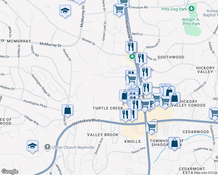 map of restaurants, bars, coffee shops, grocery stores, and more near 441 Hickoryview Drive in Nashville