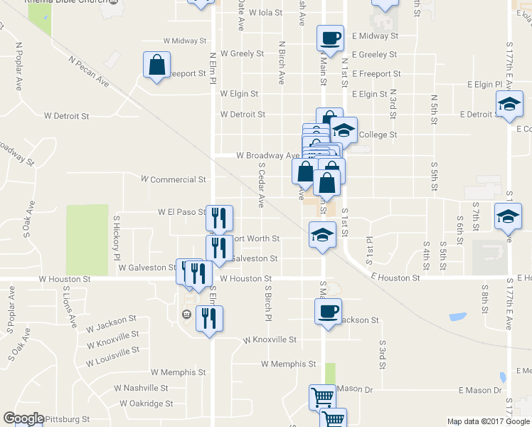 map of restaurants, bars, coffee shops, grocery stores, and more near 323 South Cedar Avenue in Broken Arrow
