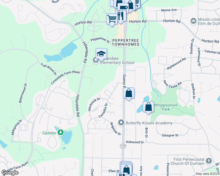 map of restaurants, bars, coffee shops, grocery stores, and more near 14 Justin Court in Durham