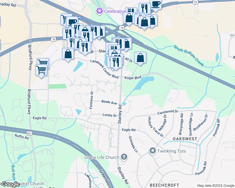 map of restaurants, bars, coffee shops, grocery stores, and more near 11 Pickwick Place in Greensboro