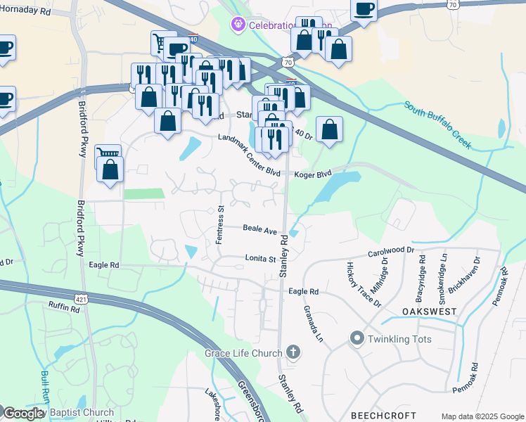 map of restaurants, bars, coffee shops, grocery stores, and more near 26 Pickwick Place in Greensboro