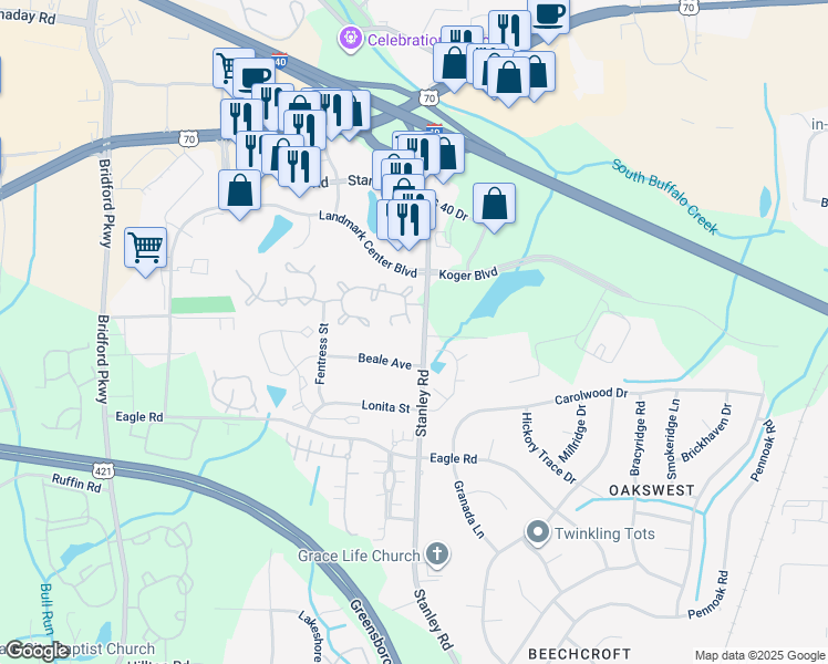 map of restaurants, bars, coffee shops, grocery stores, and more near 11 Pickwick Place in Greensboro
