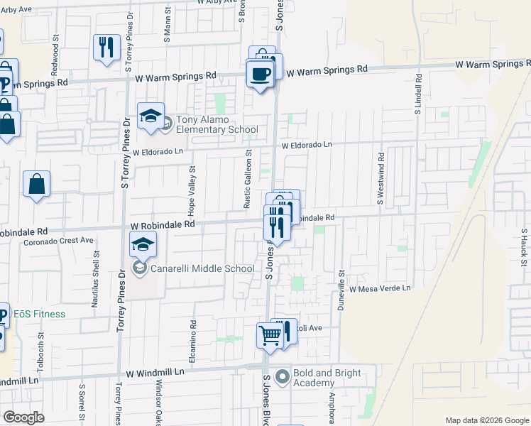 map of restaurants, bars, coffee shops, grocery stores, and more near 7730 South Jones Boulevard in Las Vegas