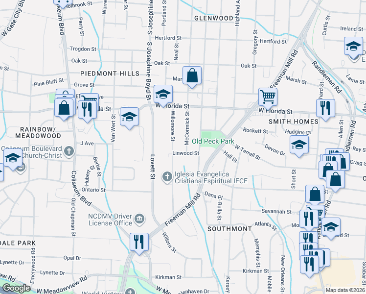 map of restaurants, bars, coffee shops, grocery stores, and more near 1545 McCormick Street in Greensboro