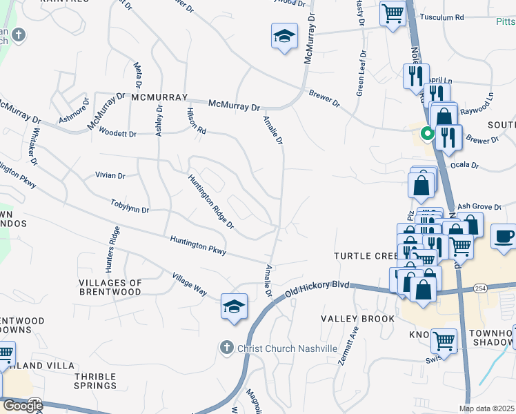 map of restaurants, bars, coffee shops, grocery stores, and more near 519 Huntington Ridge Drive in Nashville