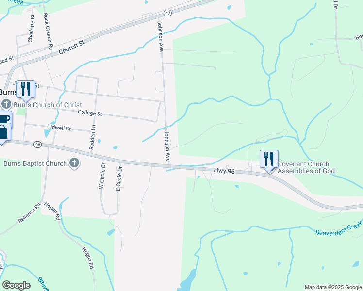 map of restaurants, bars, coffee shops, grocery stores, and more near 110 Fulgem Cemetery Road in Burns