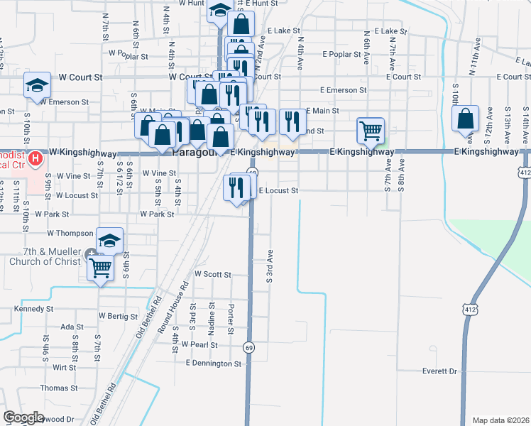 map of restaurants, bars, coffee shops, grocery stores, and more near 725 South 3rd Avenue in Paragould