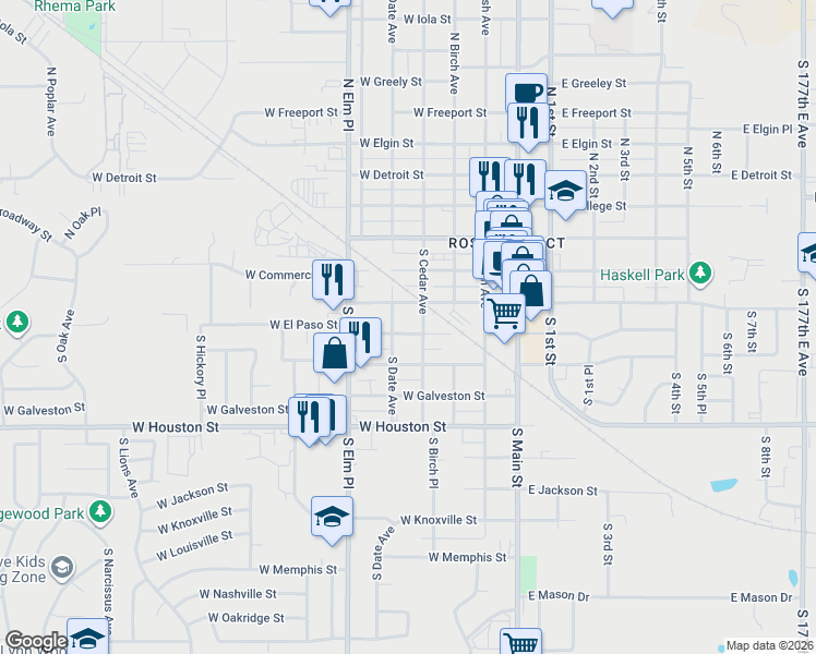 map of restaurants, bars, coffee shops, grocery stores, and more near 323 South Cedar Avenue in Broken Arrow