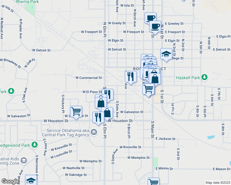 map of restaurants, bars, coffee shops, grocery stores, and more near 504 West El Paso Street in Broken Arrow
