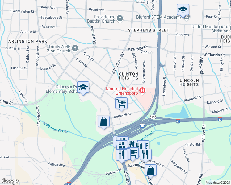 map of restaurants, bars, coffee shops, grocery stores, and more near 2103 Finley Street in Greensboro