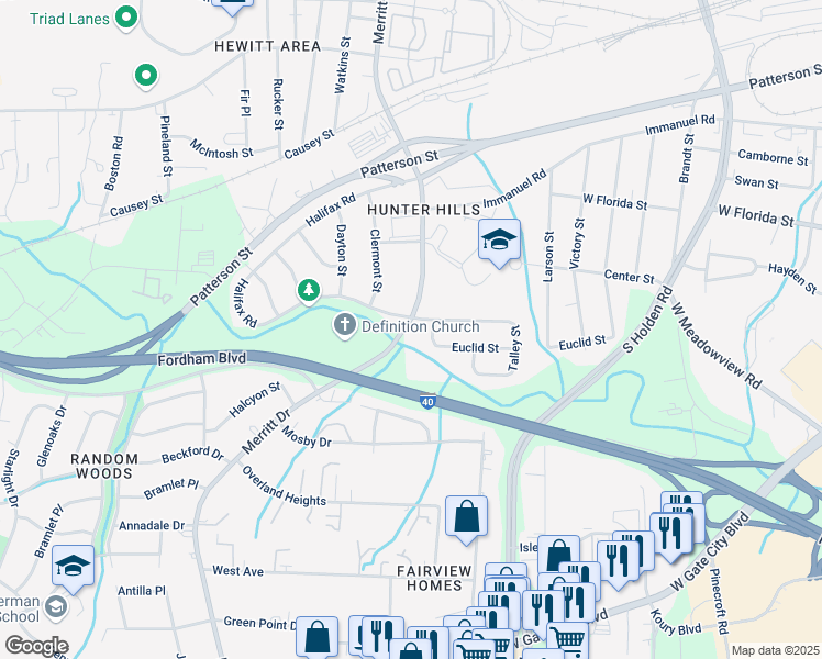map of restaurants, bars, coffee shops, grocery stores, and more near 1503 Merritt Drive in Greensboro