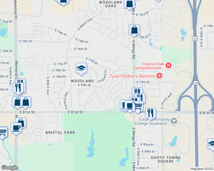 map of restaurants, bars, coffee shops, grocery stores, and more near 7876 South 95th East Avenue in Tulsa