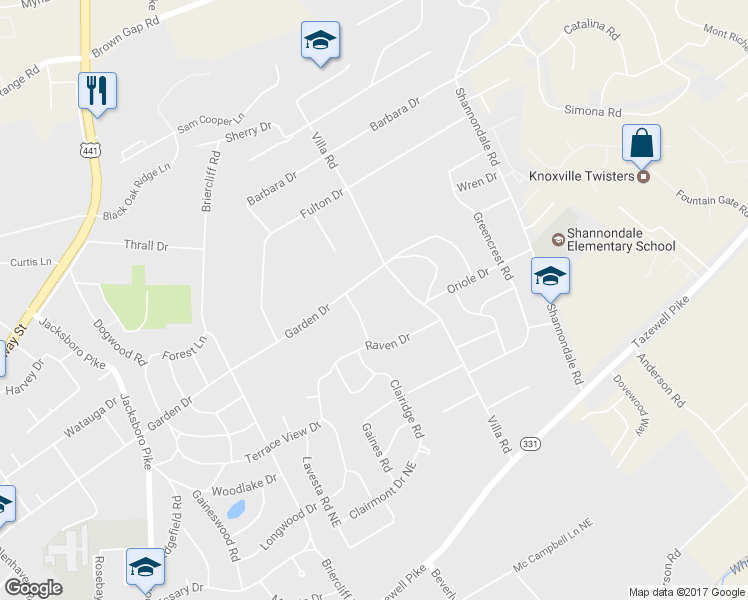 map of restaurants, bars, coffee shops, grocery stores, and more near 4308 Garden Drive in Knoxville