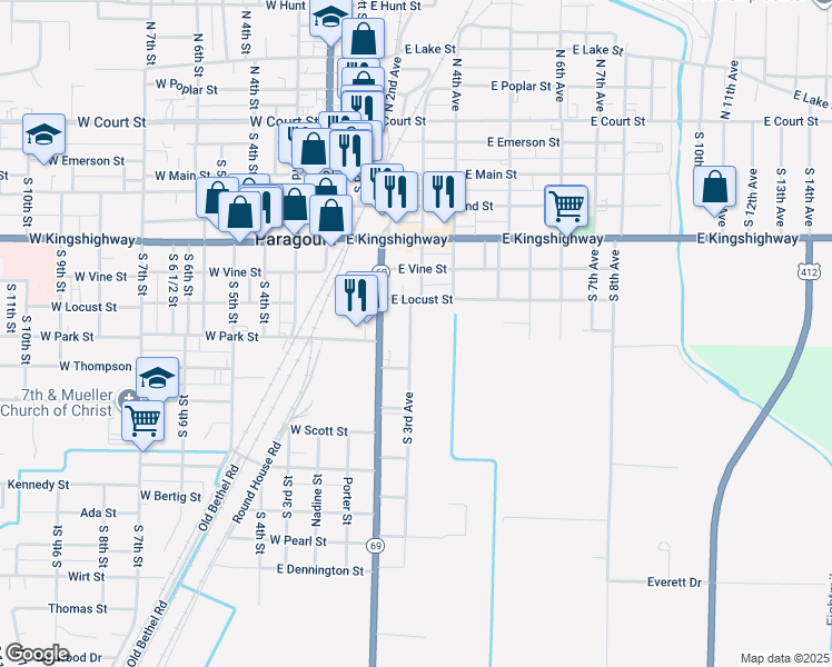 map of restaurants, bars, coffee shops, grocery stores, and more near 725 South 3rd Avenue in Paragould