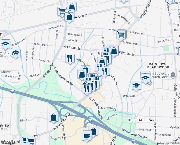 map of restaurants, bars, coffee shops, grocery stores, and more near 2912 Wildwood Drive in Greensboro