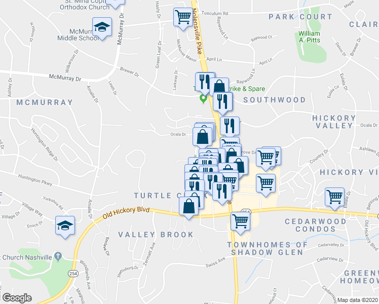map of restaurants, bars, coffee shops, grocery stores, and more near 421 Ocala Drive in Nashville