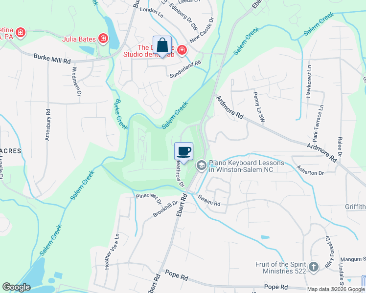 map of restaurants, bars, coffee shops, grocery stores, and more near 3675 Heathrow Drive in Winston-Salem