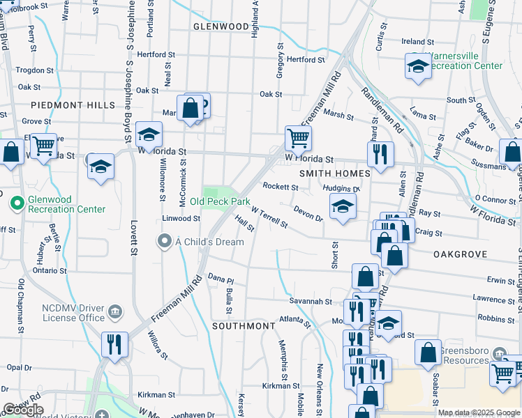 map of restaurants, bars, coffee shops, grocery stores, and more near 900 West Terrell Street in Greensboro