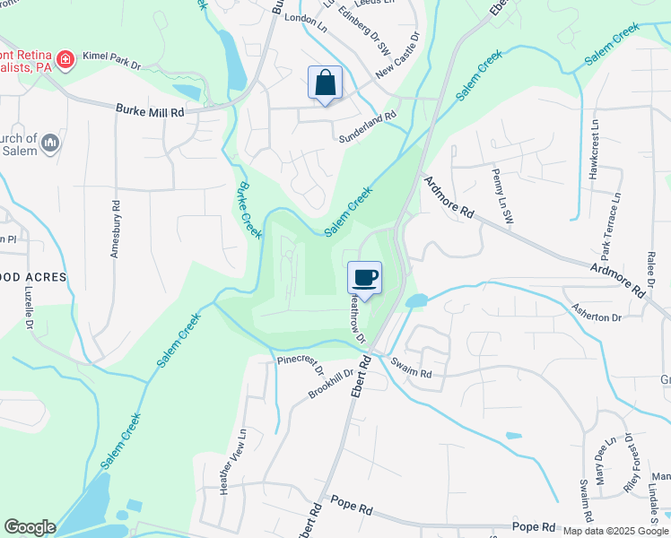 map of restaurants, bars, coffee shops, grocery stores, and more near 3616 Heathrow Drive in Winston-Salem