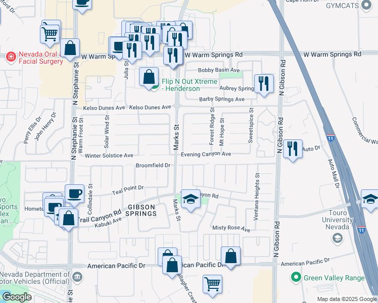 map of restaurants, bars, coffee shops, grocery stores, and more near 1222 Evening Canyon Avenue in Henderson