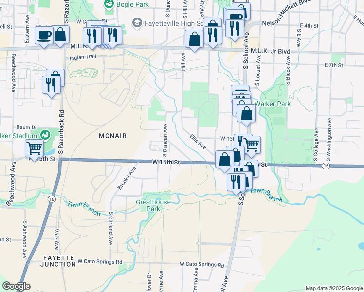 map of restaurants, bars, coffee shops, grocery stores, and more near 1352 Van Buren Avenue in Fayetteville