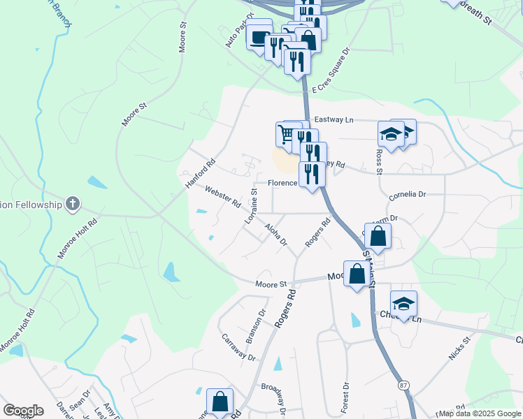 map of restaurants, bars, coffee shops, grocery stores, and more near 145 Webster Road in Graham