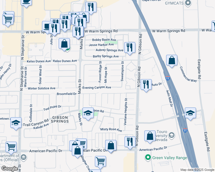 map of restaurants, bars, coffee shops, grocery stores, and more near 304 Mount Hope Street in Henderson