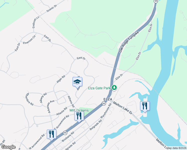 map of restaurants, bars, coffee shops, grocery stores, and more near 256 East Drive in Oak Ridge