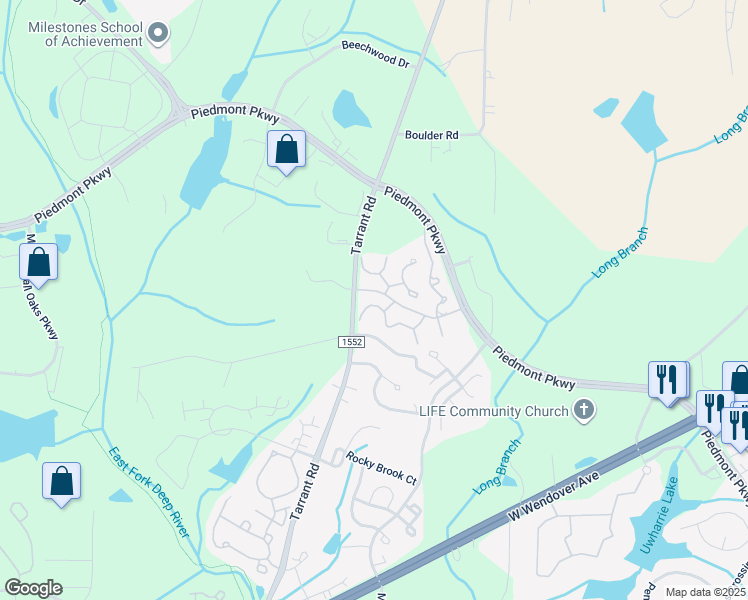 map of restaurants, bars, coffee shops, grocery stores, and more near 4415 Amethyst Court in Greensboro