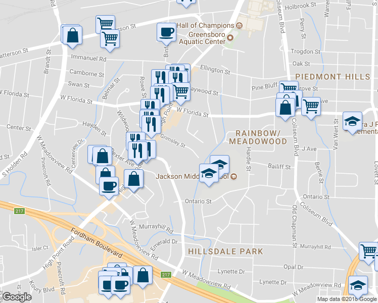 map of restaurants, bars, coffee shops, grocery stores, and more near 2517 Grimsley Street in Greensboro
