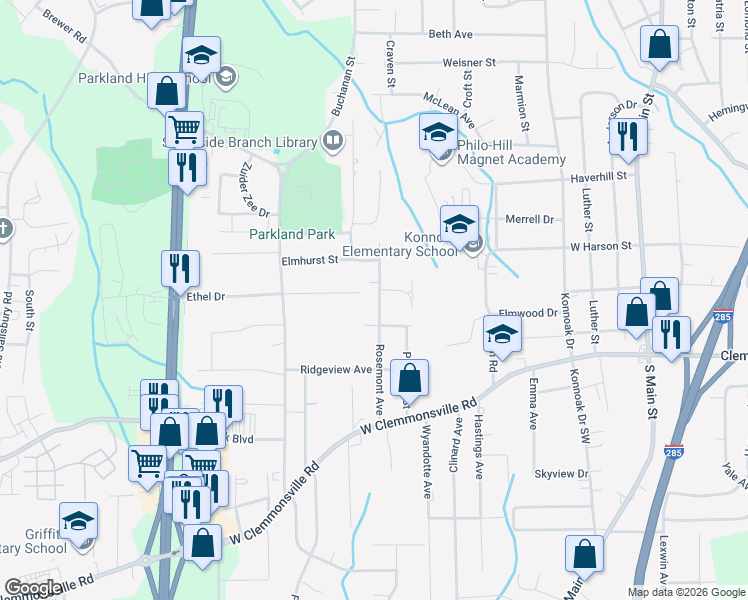 map of restaurants, bars, coffee shops, grocery stores, and more near 1500 Ethel Drive in Winston-Salem