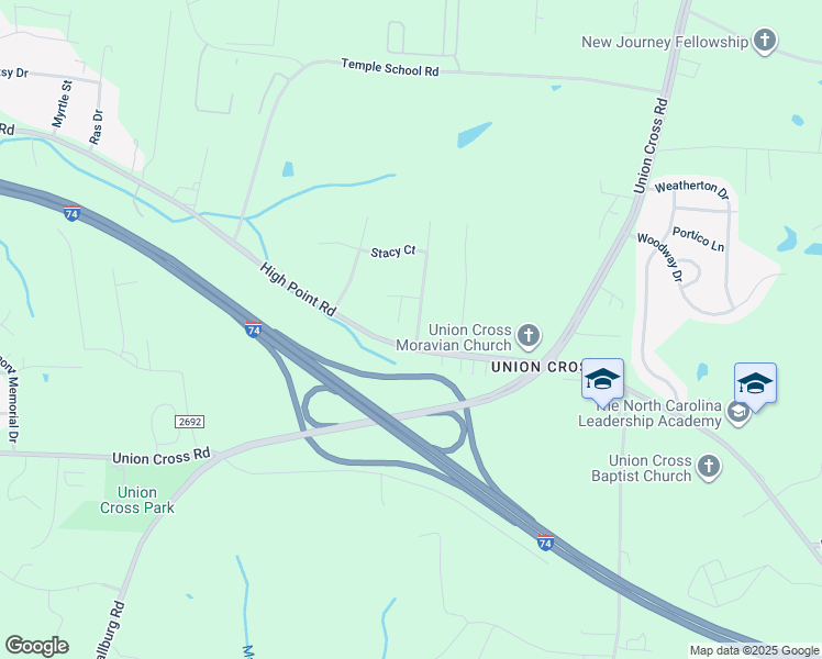 map of restaurants, bars, coffee shops, grocery stores, and more near 6011 Hickory Creek Road in Winston-Salem