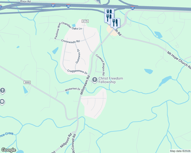 map of restaurants, bars, coffee shops, grocery stores, and more near 1523 Bowmore Place in McLeansville