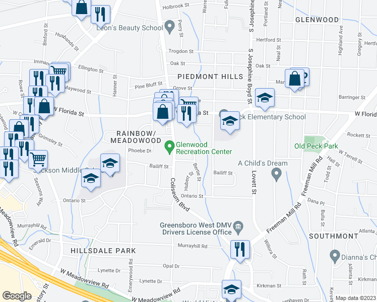 map of restaurants, bars, coffee shops, grocery stores, and more near 1805 J Avenue in Greensboro