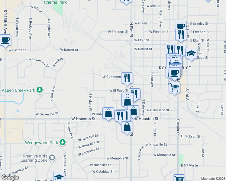 map of restaurants, bars, coffee shops, grocery stores, and more near 817 West El Paso Street in Broken Arrow