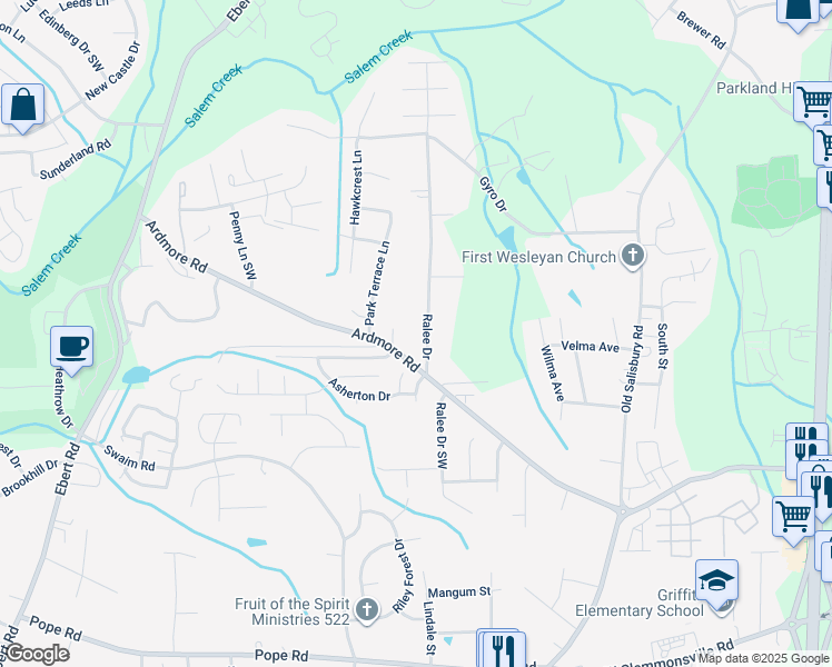 map of restaurants, bars, coffee shops, grocery stores, and more near 1765 Ralee Drive in Winston-Salem