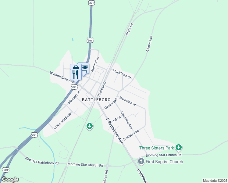 map of restaurants, bars, coffee shops, grocery stores, and more near 121 Bridges St in Battleboro