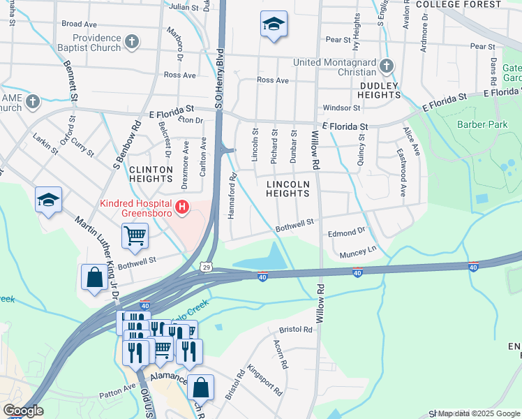 map of restaurants, bars, coffee shops, grocery stores, and more near 1829 Bothwell St in Greensboro
