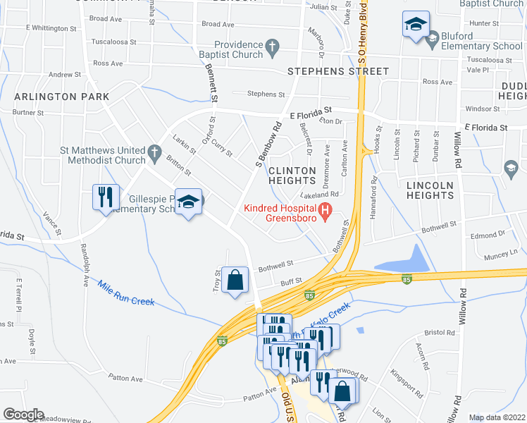 map of restaurants, bars, coffee shops, grocery stores, and more near 2101 Finley Street in Greensboro