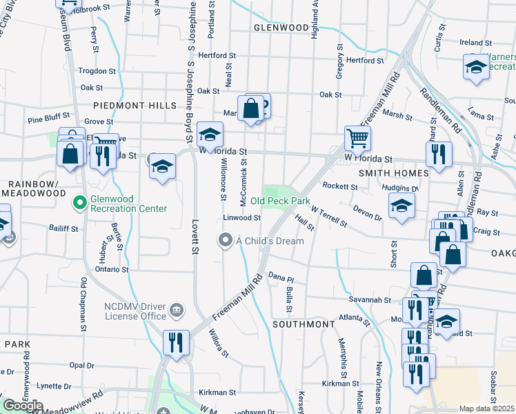 map of restaurants, bars, coffee shops, grocery stores, and more near 1618 Glenwood Avenue in Greensboro