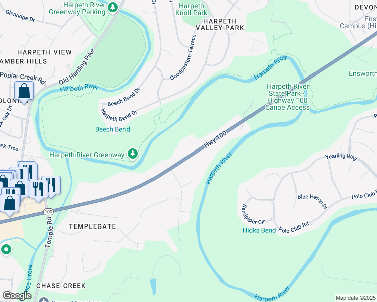 map of restaurants, bars, coffee shops, grocery stores, and more near 7860 Tennessee 100 in Nashville