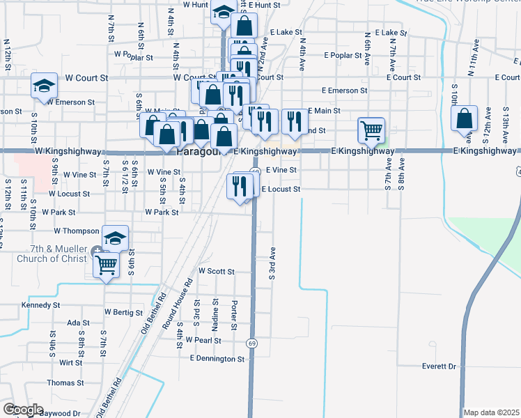 map of restaurants, bars, coffee shops, grocery stores, and more near 725 South 3rd Avenue in Paragould
