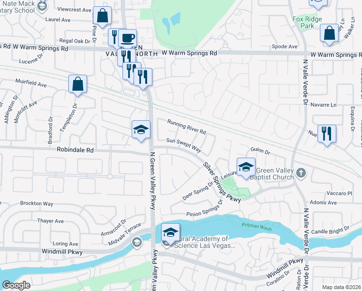map of restaurants, bars, coffee shops, grocery stores, and more near 2131 Sun Swept Way in Henderson