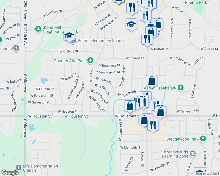 map of restaurants, bars, coffee shops, grocery stores, and more near 2621 West El Paso Street in Broken Arrow